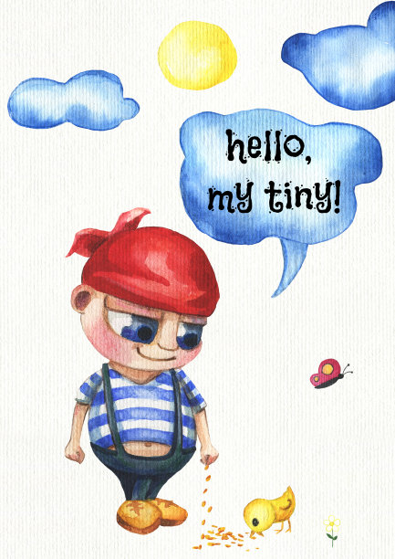 一个可爱的小男孩，看起来像个海盗。他喂小鸡。也有云和太阳。图片下载