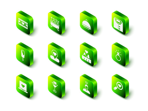 在浴室设置浪漫，覆盖托盘，西装，钻石订婚戒指，寻找心和爱，夫妇，和马提尼玻璃图标。向量图片下载