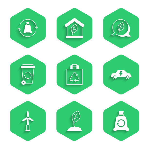设置购物袋与回收，发芽，垃圾，电动汽车，风力涡轮机，回收，树叶生态标志和图标。向量图片下载