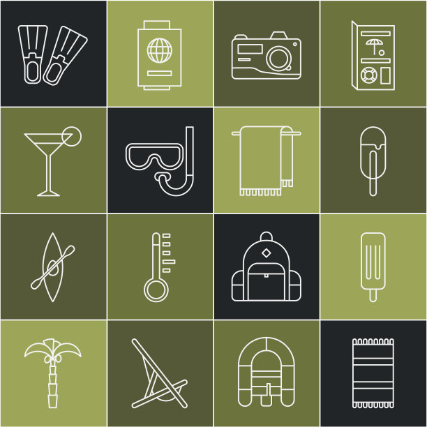 设置线海滩浴巾，冰淇淋，相机，潜水面罩和通气管，马提尼玻璃，橡胶脚蹼和毛巾在衣架图标。向量图片下载