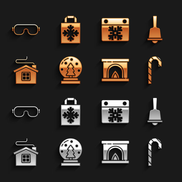 设置圣诞雪球，Merry铃儿，糖果拐杖，室内壁炉，房子，日历，滑雪镜和购物袋图标。向量图片下载