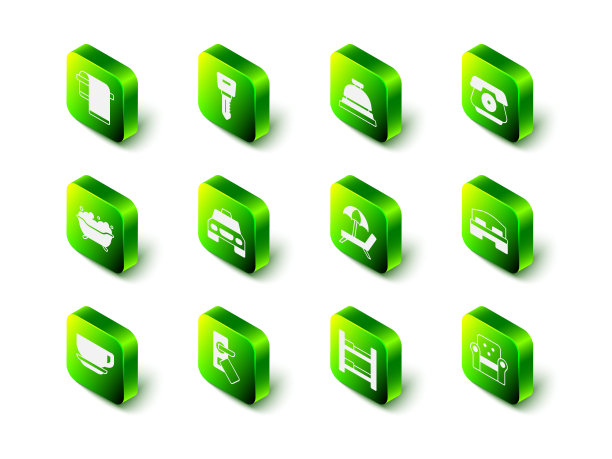 设置酒店门锁钥匙、服务铃、电话听筒、房间床、扶手椅、带伞的日光浴床和数字图标。向量图片下载