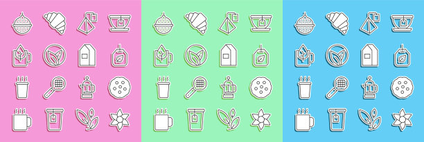 设置线花，饼干或饼干，茶袋与叶子，杯茶，球过滤器和纸包装的牛奶图标。向量图片下载