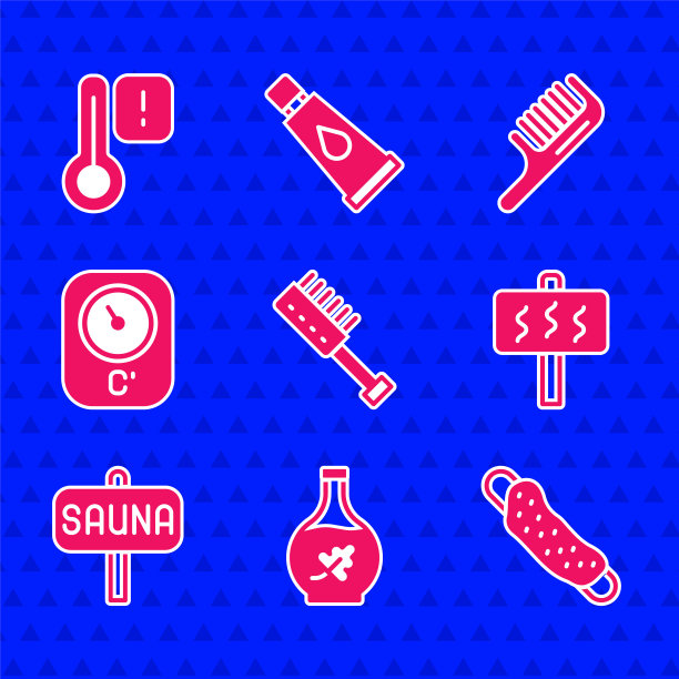 设置桑拿刷、精油瓶、毛巾、温度计、发刷和图标。向量图片下载