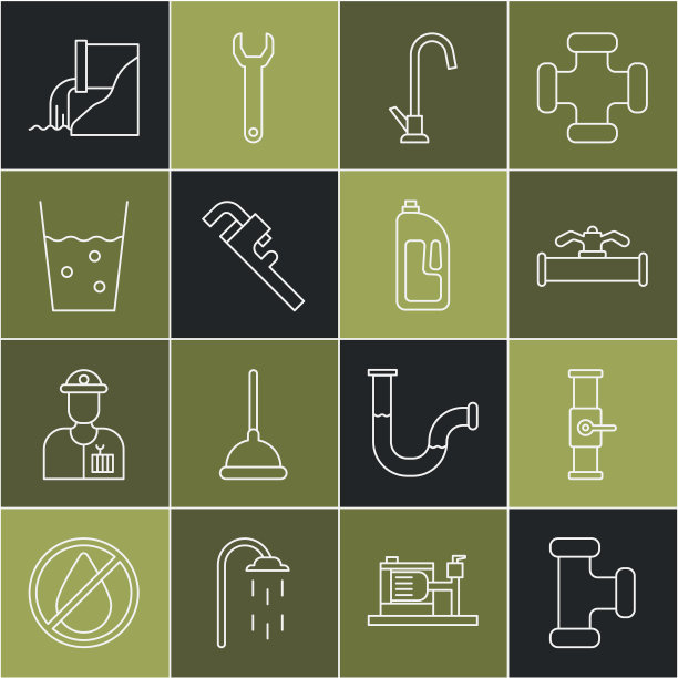设置行业金属管道，阀门，水龙头，管道活动扳手，玻璃带水，废水和容器排水管清洁器图标。向量图片下载