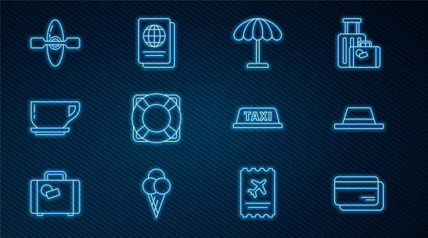 设置行信用卡，男士带带帽，海滩防晒伞，救生圈，咖啡杯，皮艇，出租车车顶和护照图标。向量图片下载