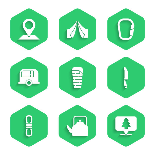 设置睡袋，带把手水壶，森林位置，刀，登山绳，房车露营拖车，钩环和图标。向量图片下载