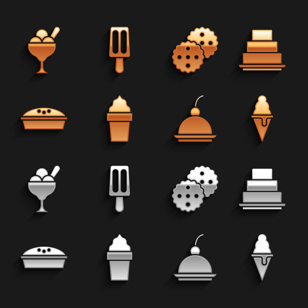 冰淇淋在华夫筒，蛋糕，樱桃芝士蛋糕，自制派，饼干或饼干，碗和图标。向量图片下载