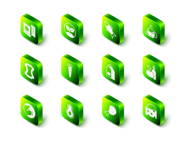 集芽菜，鱼，橄榄油，苹果醋在瓶子，奶酪，纸包装牛奶，鸡腿和鳄梨水果图标。向量图片下载