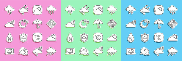 设置线云与雨，太阳和云天气，雪花，天气预报，睡觉时间，彩虹云，风暴和雨伞图标。向量图片下载