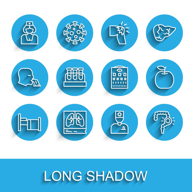 设置医院病床线，肺x线，护士，男医生，肠道便秘，试管带血，苹果和眼睛测试图图标。向量图片下载