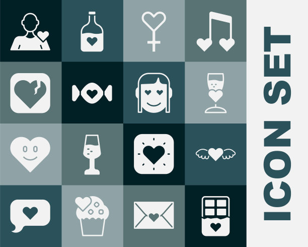 设置巧克力棒，心与翅膀，香槟，女性的性别象征，糖果，心碎或离婚，浪漫的男人和女孩的图标。向量图片下载