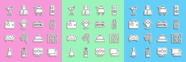 设置线枕头，升降机，手提箱，覆盖托盘，五星评级评论，马提尼玻璃和招牌文字酒店图标。向量图片下载
