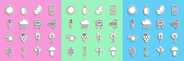 设置线蘑菇，树，风，土豆，云与雨，玉米，太阳和黑板图标。向量图片下载