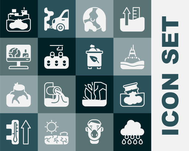 设置云与雨，桶漏油，海上漂浮浮标，全球变暖，森林砍伐，天气预报，油轮遇难和回收站回收图标。向量图片下载