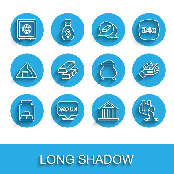 设置线金条，保险箱，银行大楼，熔融金被倒，交换货币，矿山和图标。向量图片下载