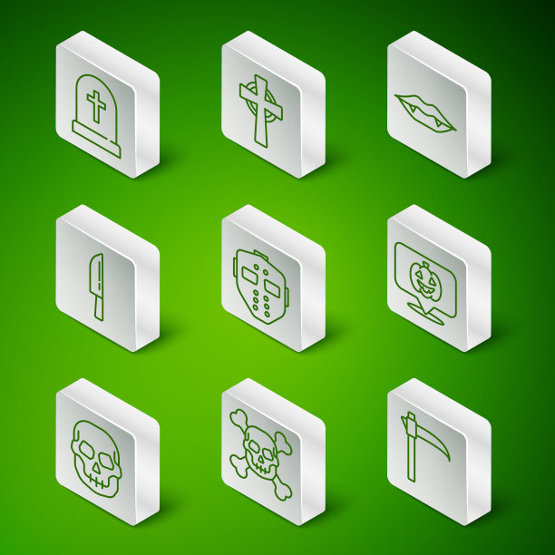 Set line Scythe, Skull on crossbones, Tombstone with, Hockey mask, Knife, and Pumpkin icon。向量图片下载