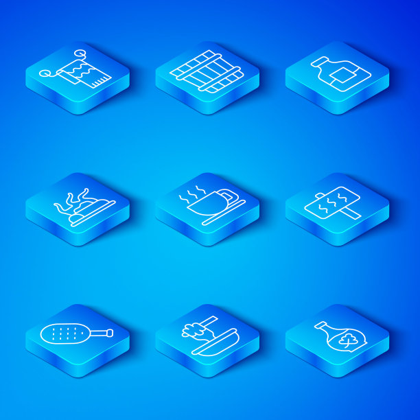 设置线桑拿刷，杯茶，蜂蜜勺棒碗，伏特加酒瓶，营火，毛巾衣架和精油瓶图标。向量图片下载