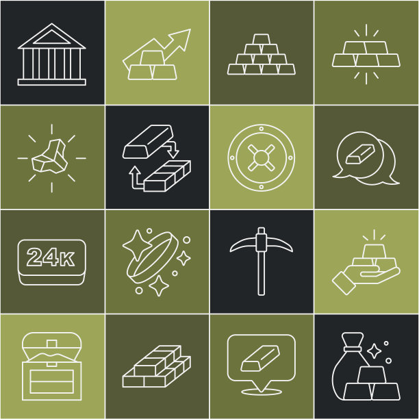 设置行袋金条、黄金、兑换货币、金块、银行大楼和保险箱图标。向量图片下载