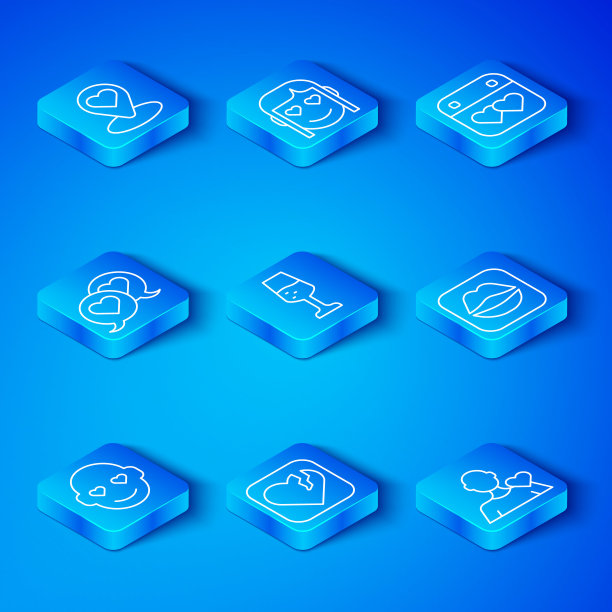 浪漫的男人，香槟，心碎或离婚，微笑的嘴唇，日历，心的言语气泡，位置和图标。向量图片下载