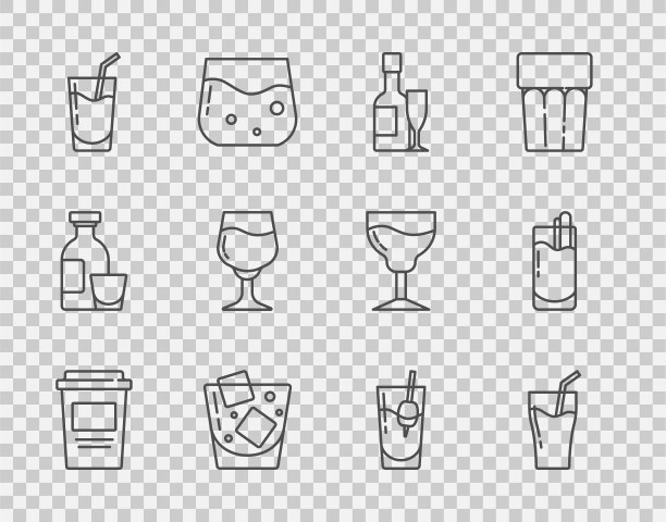 设置线咖啡杯走，玻璃果汁，香槟瓶和玻璃，威士忌，鸡尾酒，葡萄酒，血腥玛丽和图标。向量图片下载