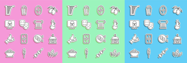 集宙斯，圣托里尼建筑，橄榄油瓶子，希腊盾，喜剧和悲剧面具，头盔，竖琴和法令，羊皮纸，卷轴图标。向量图片下载