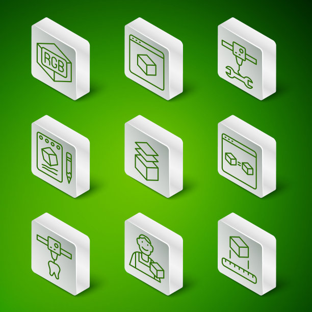 设置线等距立方体，平面设计师，RGB和CMYK颜色混合，层，素描在纸上，3D打印机，牙齿和完美复制图标。向量图片下载