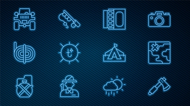 设置线木斧，非洲狩猎地图，火柴盒和火柴，太阳，登山绳，越野汽车，旅游帐篷和鱼竿图标。向量图片下载