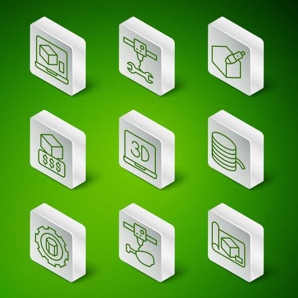 设置线形图纸工程，3D打印机鸡腿，服务，扳手扳手，设置和灯丝图标。向量图片下载