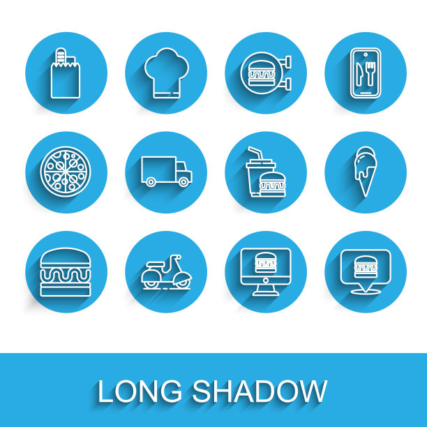 设置线上汉堡，滑板车送餐，在线订购和，汉堡，快速由汽车，冰淇淋和纸玻璃图标。向量图片下载