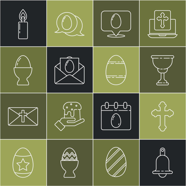 铃声，基督教十字架，圣杯，演讲泡泡复活节彩蛋，贺卡复活节快乐，站，燃烧的蜡烛和图标。向量图片下载