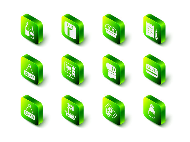 设置消防出口，鸡蛋盒，购物清单和铅笔，信用卡，香料罐，卫生纸卷，POS机和电子秤图标。向量图片下载