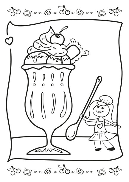用勺子，奶油和樱桃为小女孩制作冰糕冰淇淋甜点。美食家线艺术着色插图图片下载