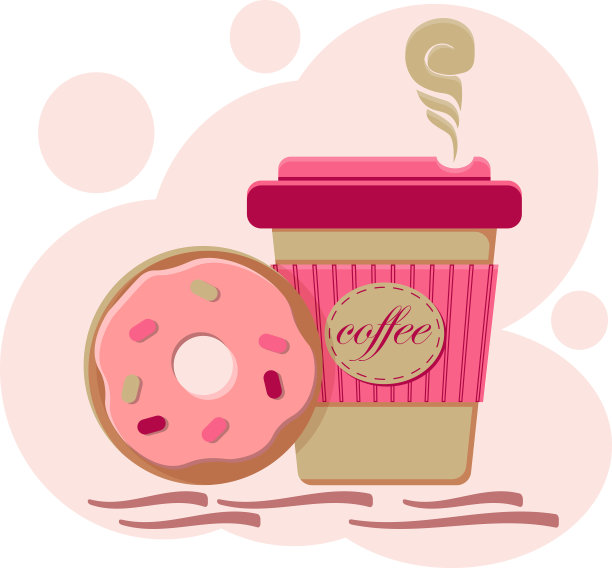 粉红色背景的热咖啡和糖霜甜甜圈图片下载