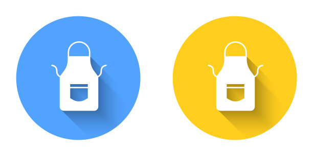 白色铁匠围裙图标孤立与长阴影背景。防护服和工具工人。圆按钮。向量图片下载