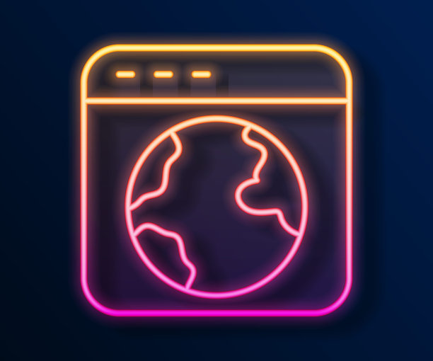 发光的霓虹灯线全球图标孤立在黑色背景。在全球销。向量图片下载