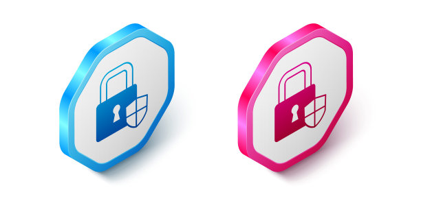 等距盾安全与锁图标孤立在白色背景。保护，安全，密码安全。防火墙访问隐私签名。六角按钮。向量图片下载