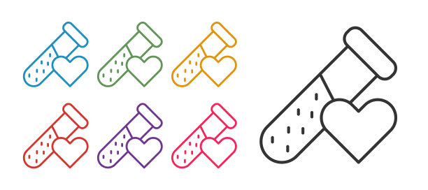 设置线试管或烧瓶与血液图标孤立在白色背景上。实验室、化工、科学玻璃器皿标志。设置图标丰富多彩。向量图片下载