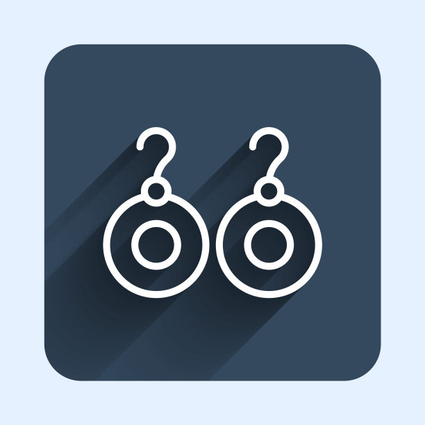 白线耳环图标孤立与长阴影背景。珠宝配饰。蓝色方块按钮。向量图片下载