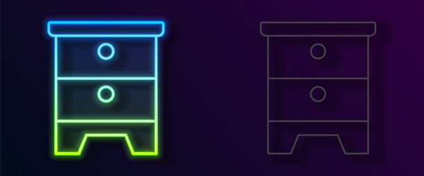 发光的霓虹灯线家具床头柜图标孤立在黑色背景。向量图片下载