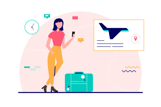 在机场休息室的女孩。带着行李等飞机的女性。平面插画风格。图片下载