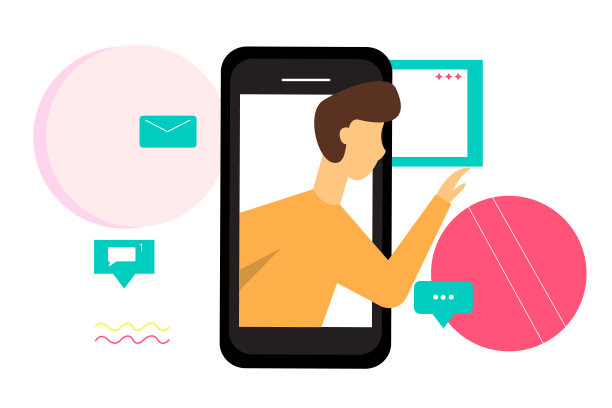 一个男人的剪影从电话里望出去。在线交流的概念，虚拟现实。插图，完美的网站和初创公司。图片下载