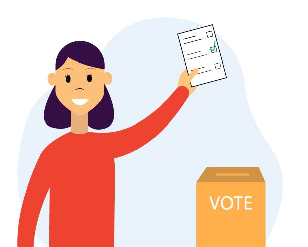妇女手里拿着一张选票。投票的概念。平面风格的插图。图片下载