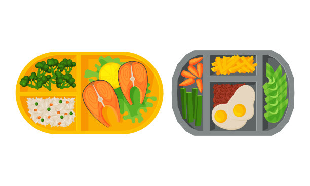 带新鲜开胃食物的餐盘放在不同的部分上面的视图向量集图片下载