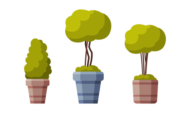 绿色灌木与郁郁葱葱的盆栽叶片作为公园区域元素向量集图片下载