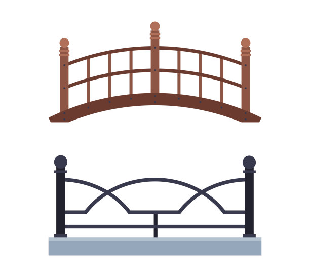 城市公园元素向量集:铁栏杆、金属支柱、桥梁图片下载
