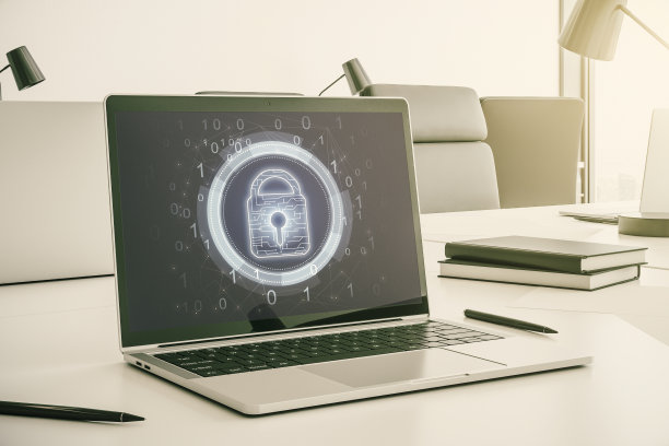 创意概念与锁符号和微电路插图在现代笔记本电脑屏幕。保护和防火墙的概念。三维渲染图片下载