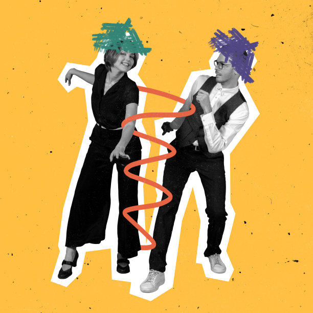 穿着70、80年代时尚风格服装的年轻舞者，在橙色背景和素描上舞动着摇滚。图片下载