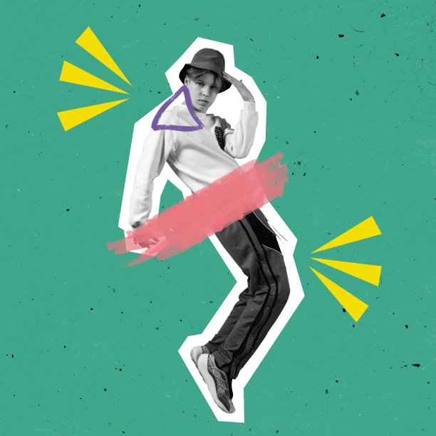 现代设计，当代艺术拼贴。灵感，创意，时尚都市杂志风格。绿色背景上跳舞的男孩图片下载