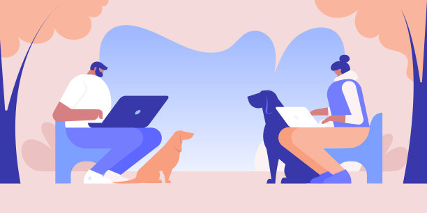 一男一女在公园里用电脑工作。狗坐在主人旁边。矢量插图。图片下载